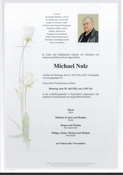 Michael Nolz, verstorben am 14. Juli 2026, mit Porträtfoto und Traueranzeige in Katzelsdorf.